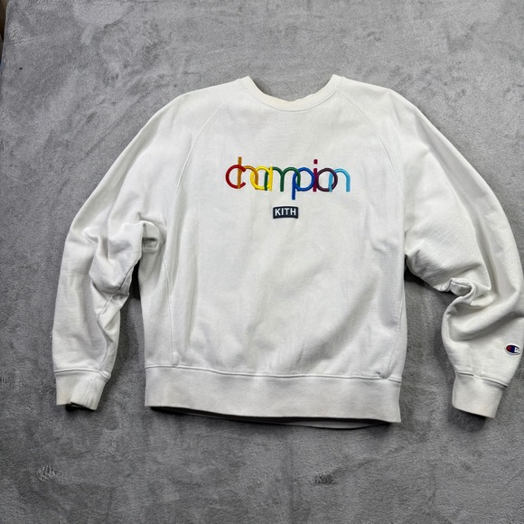 Kith Champion Rainbow Logo Crewneck Sweatshirt White Men's Size Medium